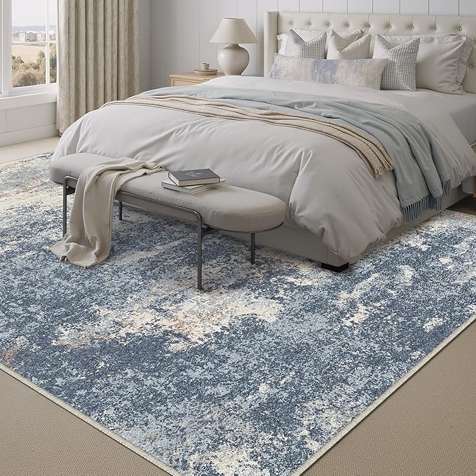6x9 Washable Rugs Dark Blue Hallway Large Area Rug Indoor Accent Rug Abstract Non Slip Low Pile Carpet Distressed Throw Rug for Bedroom Living Room Office Dining Room Kitchen Laundry Room
