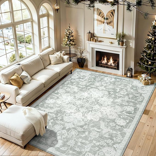 Washable Rugs 8x10 Area Rugs, Soft Vintage Living Room Rug with Anti-Skid Backing Stain Resistant Thin Indoor Carpet Large Area Rug for Bedroom Under Dining Room Table Nursery Entryway-Gray/Ivory