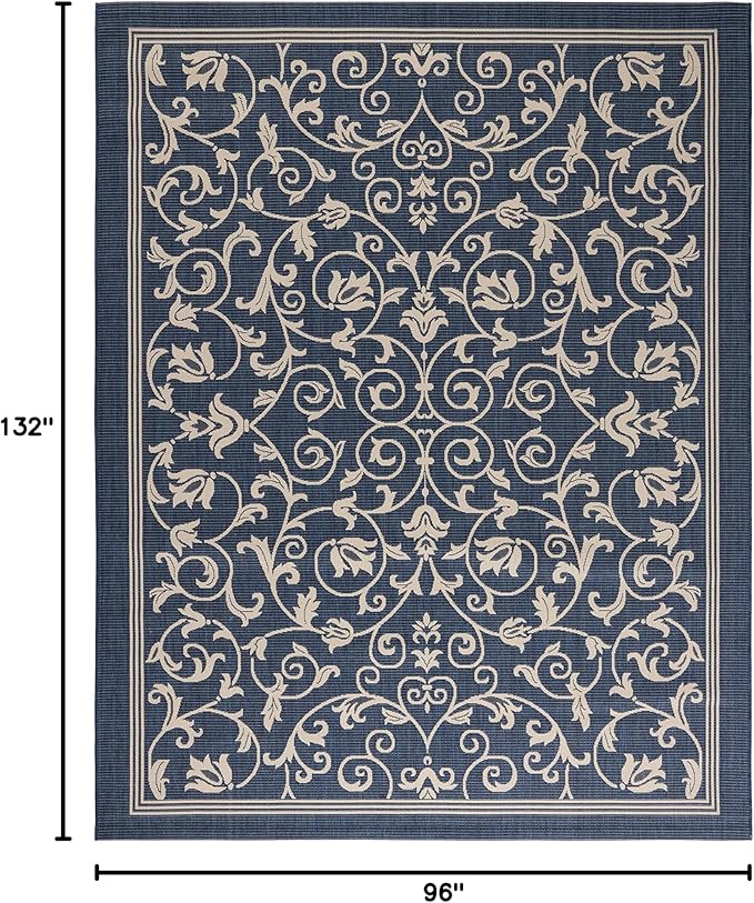 SAFAVIEH Courtyard Collection 8' x 11' Navy/Beige CY2098 Scroll Indoor/ Outdoor Waterproof Easy-Cleaning Patio Backyard Mudroom Area-Rug