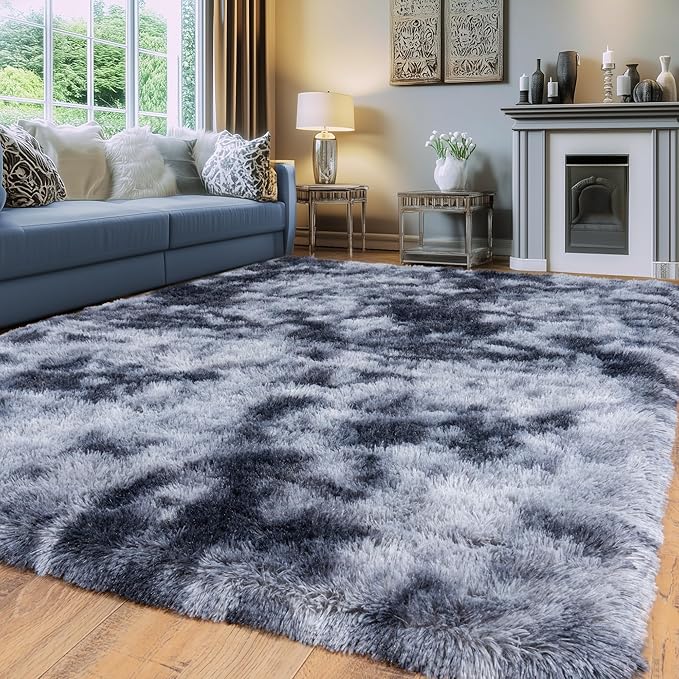 Tie-Dyed Black Fluffy Rug for Bedroom 3x5 ft Small Rug - Ultra Soft & Non Slip Shaggy Area Rug, Comfy Durable Carpet for Living Room Kids Room Teens Dorm Home Decor, 1.7'' Thick Indoor Carpets