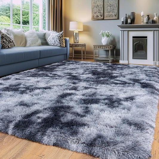 Tie-Dyed Black Fluffy Rugs for Bedroom 8x10 ft Large Rug - Ultra Soft & Non Slip Shaggy Area Rug, Comfy Durable Carpet for Living Room Kids Room Teens Dorm Home Decor, 1.7'' Thick Indoor Carpets