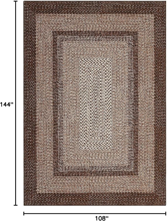 Washable Area Rug 9x12 Rug for Living Room Modern Bedroom Rug Brown Printed Braided Large Area Rug Non Slip Throw Rugs Stain Resistant Carpet for Nursery Dining Room 9'x12' Dark Brown