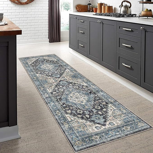 2x6 Washable Runner Rug Non Slip Long Bathroom Hallway Runner Rug Blue Vintage Boho Area Rug Soft Carpet for Bedroom Kitchen Laundry Entryway