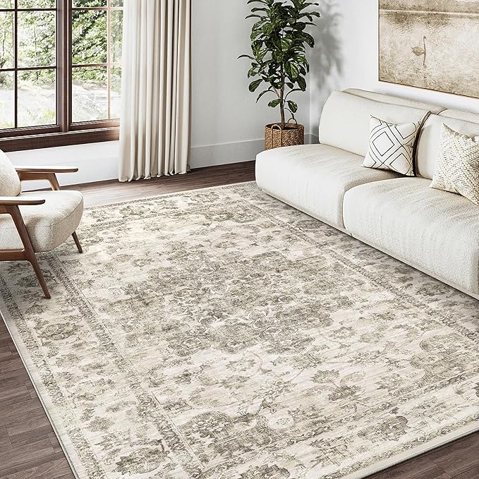 4x6 Washable Neutral Area Rug Taupe Floral Living Room Bedroom Carpet Non-Slip Low Pile Vintage Soft Thin Throw Rug for Dining Room Entryway Dorm Office Kitchen Bathroom
