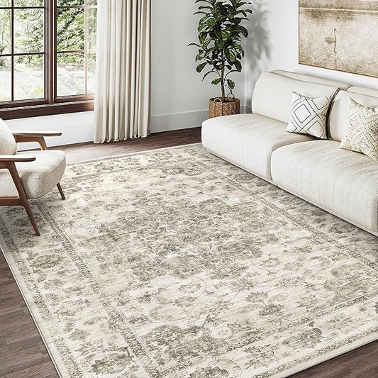 4x6 Washable Neutral Area Rug Taupe Floral Living Room Bedroom Carpet Non-Slip Low Pile Vintage Soft Thin Throw Rug for Dining Room Entryway Dorm Office Kitchen Bathroom
