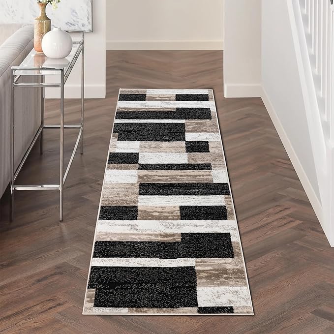 Superior Indoor Runner Rug, Jute Backed, Modern Geometric Patchwork Floor Decor for Bedroom, Office, Living Room, Entryway, Kitchen, Hardwood Floors, Rockwood Collection, 2' 7" x 8', Ivory-Beige