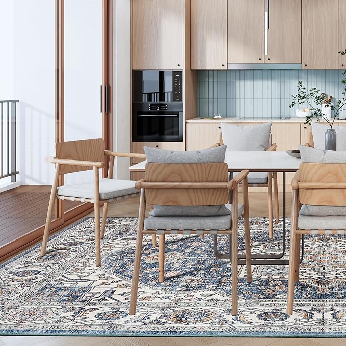 Vintage Area Rug, 9x12 Washable Rugs for Living Room Bedroom Indoor Throw Rug, Distressed Boho Country Accent Rugs, Thin Low-Pile Floor Carpet for Kids Pet (Navy/Grey)