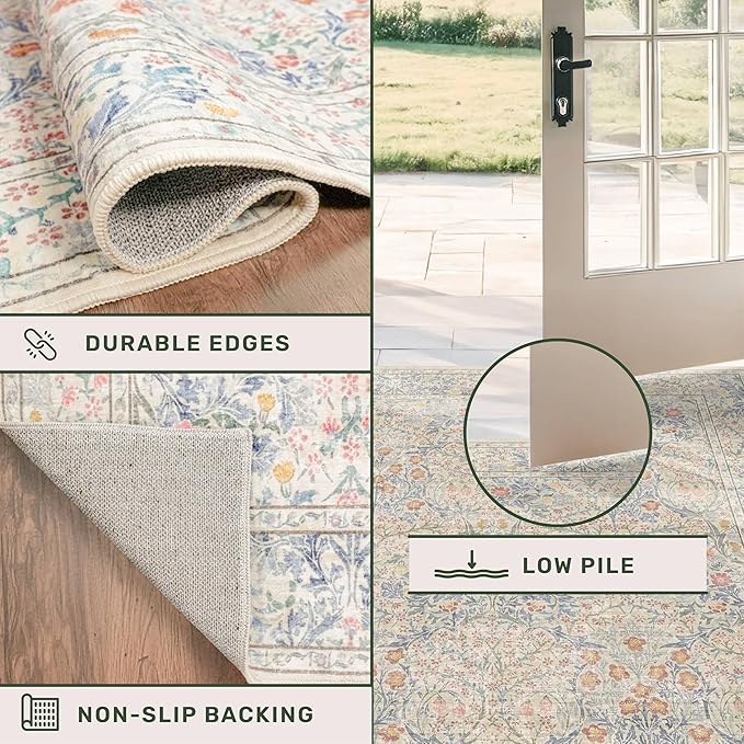 Non Slip Beige Blue Bathroom Runner Rug - Long Runner Rugs 24 x 72 Washable Kitchen Floor Mat, Laundry Room Rug, Hallway Runner - Vintage Design Décor (2x6 Beige Blue)