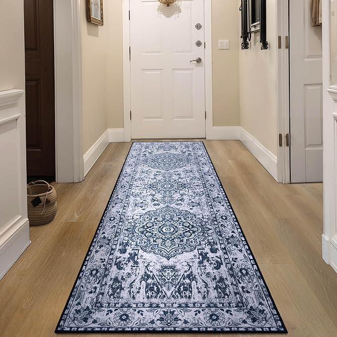 YJ.GWL Area Rug 2x7, Machine Washable Hallway Runner Rug, Boho Floral Vintage Distress Print Pattern Carpet, Low Pile Lightweight Thin Rugs for Entryway, Kitchen and Corridor, Blue/White