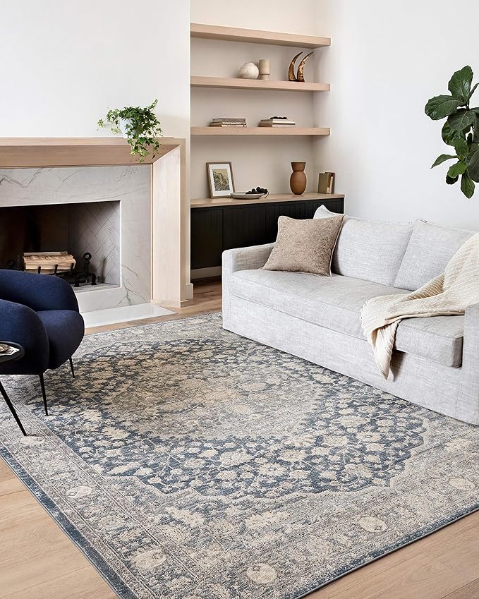 Loloi Teagan Collection 9'-9" x 13'-6" Area Rug in Denim/Mist - Large, Soft Neutral Rug, High-Traffic for Living Room, Bedroom, Home Office, Dining Area