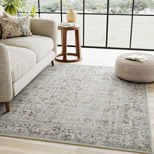 Taupe Area Rug 4x6 Office Entryway Rug Machine Washable Kitchen Vintage Distressed Non Slip Carpet Indoor Retro Floral Accent Throw Door Mat for Bathroom Bedroom Dining Living Room