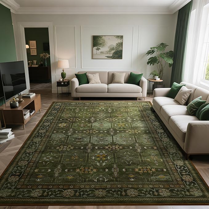 4x6 Area Rug for Bedroom Machine Washable, Non Slip Vintage Floral Kitchen Rugs for Dining Room, Low Pile Indoor Floor Print Carpet for Nursery Farmhouse Home Office Dark Green