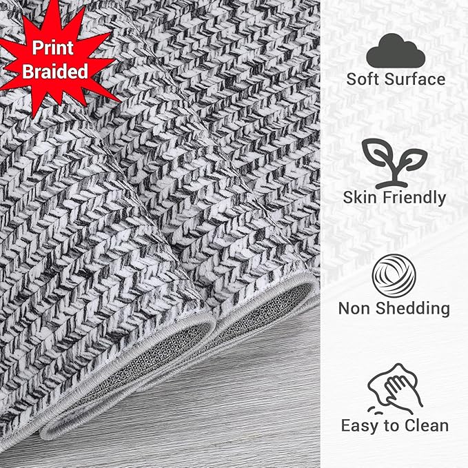 Washable Area Rugs 9x12 Living Room Modern Rugs for Bedroom Grey Rug Imitation Braided Soft Large Area Rug Non Slip Throw Rugs Stain Resistant Carpet for Nursery Dining Room 9'x12' Light Grey
