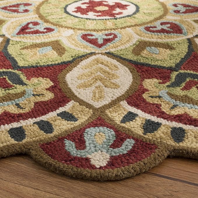 SAFAVIEH Novelty Collection Area Rug - 3' Round, Red & Taupe, Handmade Boho Floral Rustic Country Wool, Ideal for High Traffic Areas in Living Room, Bedroom (NOV604Q)