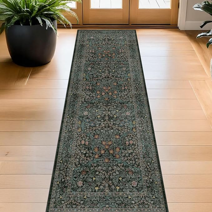 Non Slip Dark Green 2x6 Kitchen Runner Rug Washable, Long Rubber Backed Hallway Runner Rugs, Boho Vintage Floral Botanical Non Skid Carpet for Entryway, Laundry Room, Bathroom Floor Mat