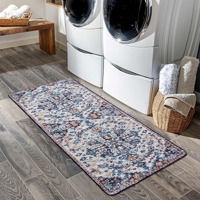 Lahome Washable Runner Rug, 2x5 Bohemian Kitchen Rug Runners Low Pile Bathroom Runner Rugs with Rubber Backing, Printed Throw Carpet Runner for Laundry Room Hallway Bedside, Blue Purple/Multi