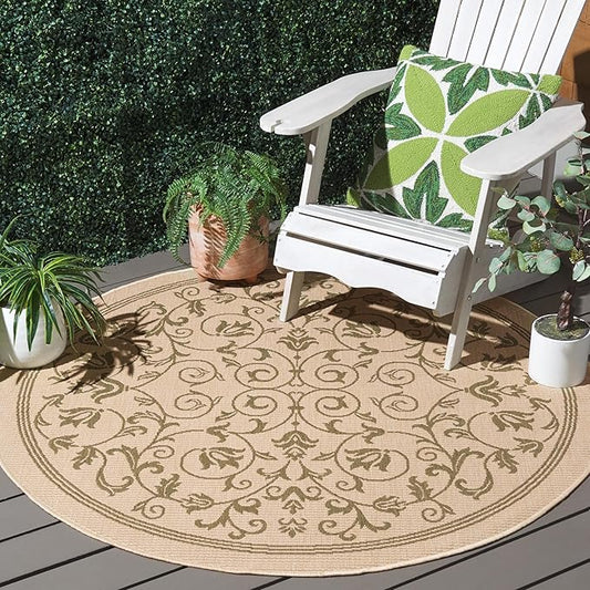 SAFAVIEH Courtyard Collection Area Rug - 5'3" Round, Natural & Olive, Scroll Design, Non-Shedding & Easy Care, Indoor/Outdoor & Washable-Ideal for Patio, Backyard, Mudroom (CY2098-1E01)