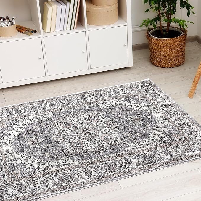 Vintage Area Rug, 2x3 Washable Rugs for Living Room Bedroom Entryway Indoor Door mat, Distressed Boho Country Accent Rugs, Thin Low-Pile Floor Carpet for Kids Pet (Brown)