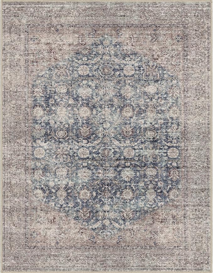 Vintage Living Room Rug, 9x12 Area Rug Large Washable Rugs for Bedroom, Soft Dining Room Carpet Non-Slip Non-Shedding Throw Rug for Farmhouse Indoor Kids Playroom (Teal/Antique 9x12)