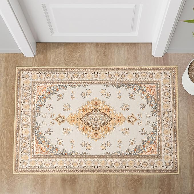 Tepook 2x3 Vintage Washable Rug - Non-Slip Low-Pile Door Mat for Entryway, Kitchen, Bedroom, Bathroom, Foyer - Indoor Throw Rug in Beige
