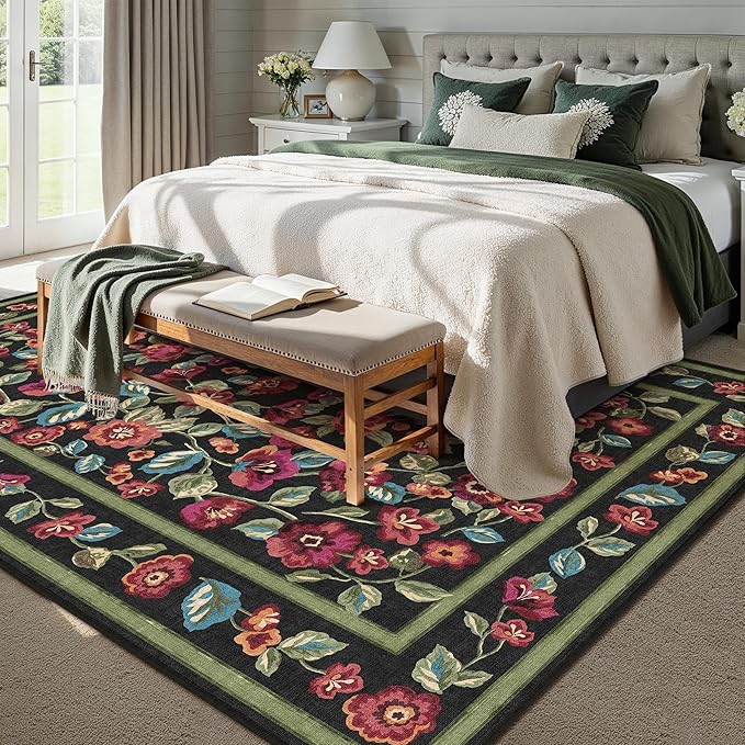 Black Area Rug 6x9 Washable Living Room Non Slip Bedroom Soft Floral Indoor Carpet Vintage Low Pile Accent Throw Rug for Office Dining Room Nursery Farmhouse