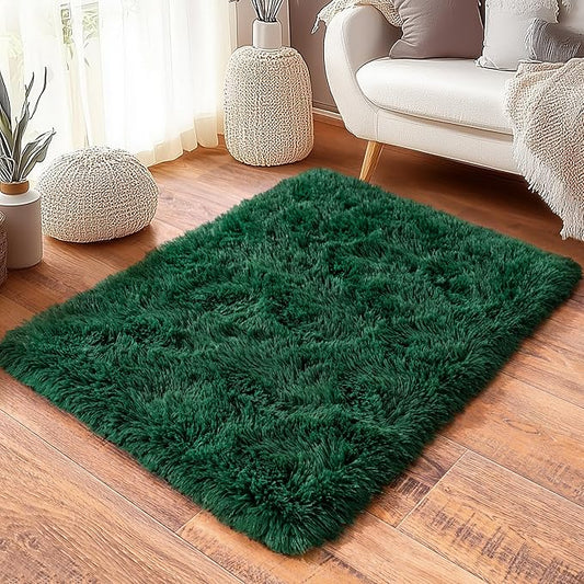 Green Fluffy Rug for Bedroom 2x3 ft - Ultra Soft & Non Slip Shaggy Area Rug, Comfy Durable Carpet for Living Room Kids Room Teens Dorm Home Decor, 1.7'' Thick Indoor Plush Carpets