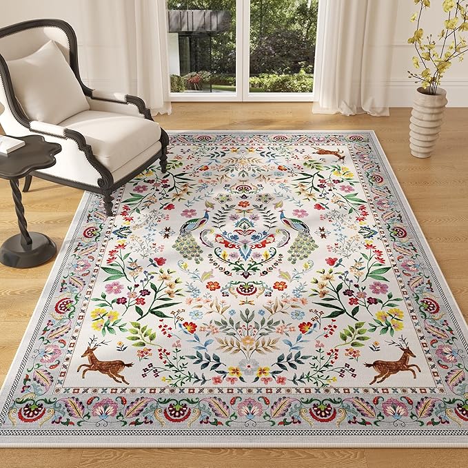 3x5 Rug Washable Area Rug Floral Office Rug Non Slip Small Carpet for Bedroom, Bedside, Kitchen, Entryway, Kids Room, Office(Colorful)
