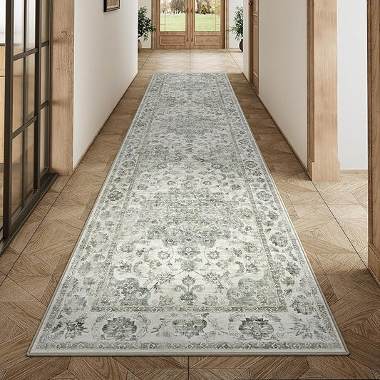2x8 Washable Neutral Runner Rug Green Hallway Kitchen Non-Slip Low Pile Floral Carpet Vintage Soft Thin Throw Rug for Bathroom Bedroom Entryway Laundry Dining Room