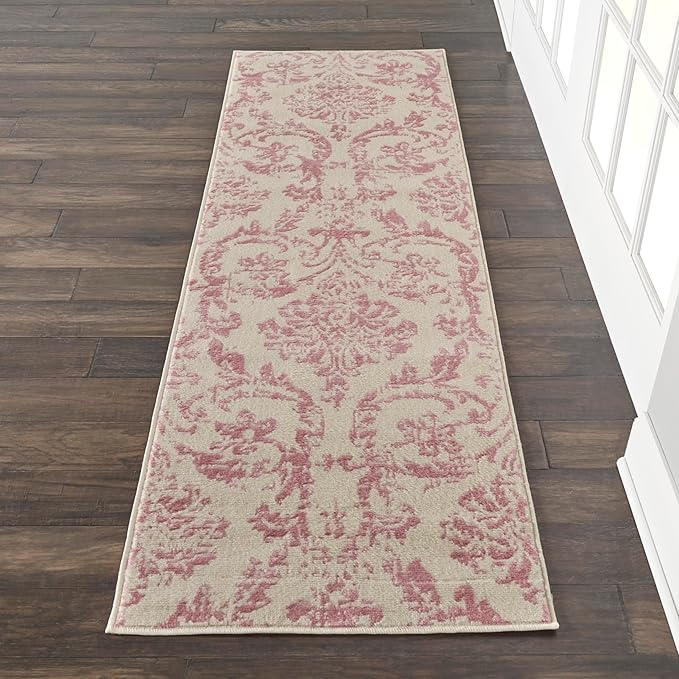 Nourison Jubilant Ivory Pink 2' x 6' Area Rug Easy Clean, Non Shedding, Bed Room, Living Room, Dining Room, Kitchen (6' Runner)
