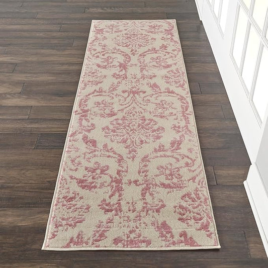Nourison Jubilant Ivory Pink 2' x 6' Area Rug Easy Clean, Non Shedding, Bed Room, Living Room, Dining Room, Kitchen (6' Runner)