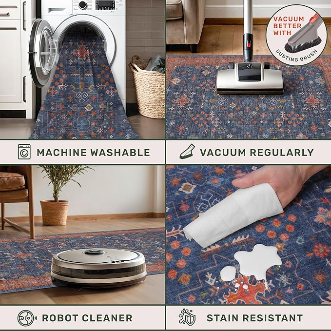 Washable Kitchen Rugs, 3x5 Area Rug for Large Entryway Indoor, Kitchen Mat, Small Rug for Living Room - Stain Resistant Non Skid Non Slip Rubber Backing, Boho Aethestic Décor (3x5 Navy Blue)