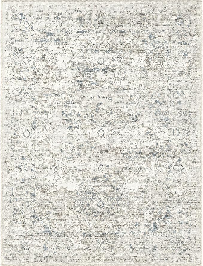 Area Rug 8x10 Washable Rug Living Room Vintage Rug Non Slip Accent Thin Retro Floral Print Indoor Mat for Bedroom Kitchen (Cream-Based with Grey 8x10)…