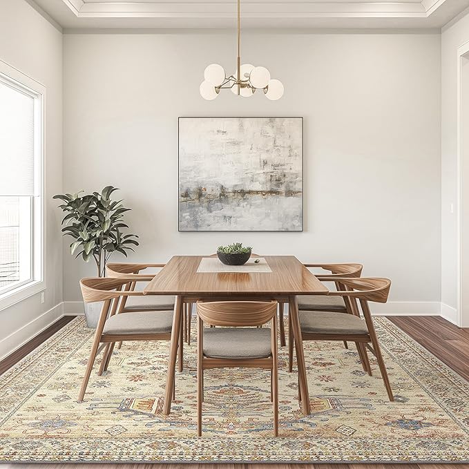 3x5 Area Rugs for Living Room, Machine Washable Rug Non Slip, Vintage Chenille Distressed Print Carpet, Large Low Pile Ultra-Thin Lightweight Rugs for Bedroom, Dining Room, Office Light Brown