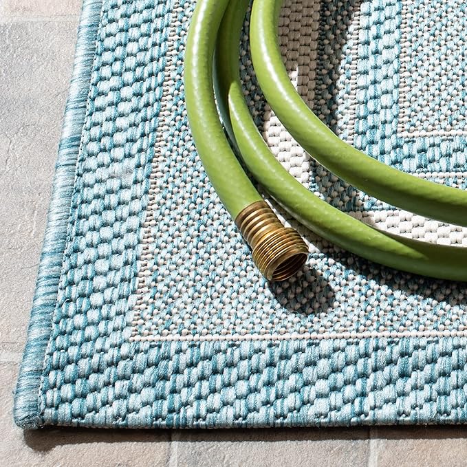 SAFAVIEH Courtyard Collection 6'7" Square Ivory / Aqua CY8475 Indoor-Outdoor Waterproof Easy-Cleaning Patio Backyard Mudroom Area-Rug