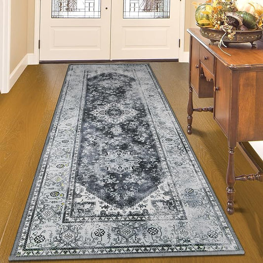 YJ.GWL Area Rug 2x6, Machine Washable Hallway Runner Rug, Boho Floral Vintage Distress Print Pattern Carpet, Low Pile Lightweight Thin Rugs for Entryway, Kitchen and Corridor, Blue/Grey