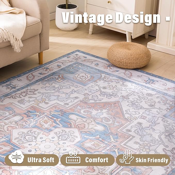 Carvapet Rugs for Living Room, Vintage Low Pile Large Carpet with Rubber Backing, Foldable, Non Slip Machine Washable (10 x 8 Feet Rectangular, Orange/Blue Area Rug)