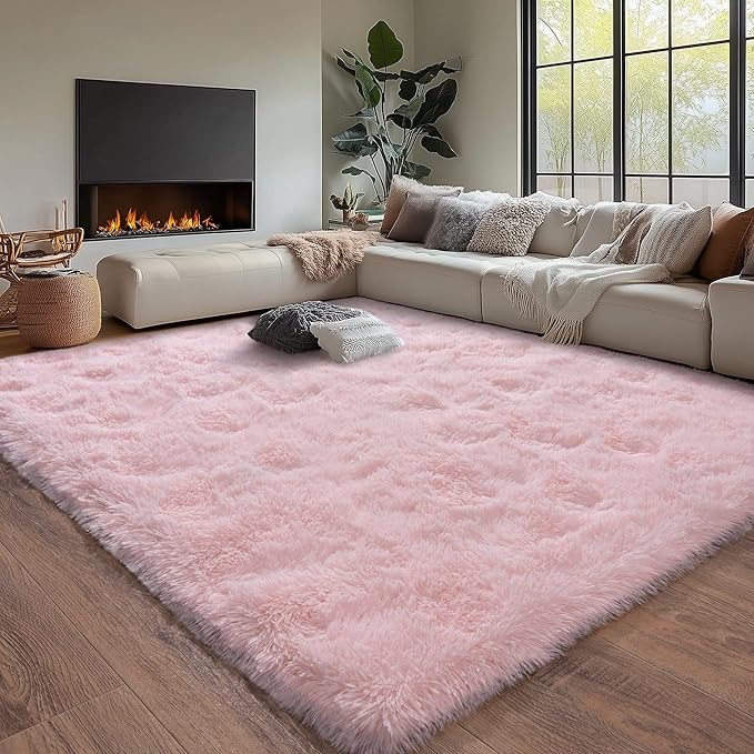 Pink Fluffy Rug for Bedroom 9x12 ft Large - Ultra Soft & Non Slip Shaggy Area Rug, Comfy Durable Carpet for Living Room Kids Room Teens Dorm Home Decor, 1.7'' Thick Indoor Plush Carpets