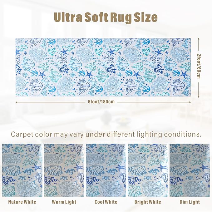 Carvapet Sea Floor Rug Runners 2x6 Washable Non-Slip Hallways Long Rug with Rubber Backing Ultra Soft Bathroom Indoor Carpet Runner Rugs for Entrance Laundry Living Room Bedroom