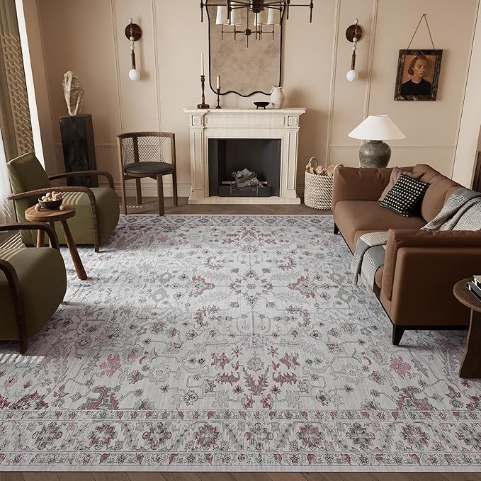 5x7 Rug, Washable Neutral Boho Modern Vintage Non Slip Floral Area Carpet, Low Pile Soft Rugs, Slip Resistance, Pet-Friendly, Durable Rug for Living Room, Bedroom, Kitchen, Dining Room