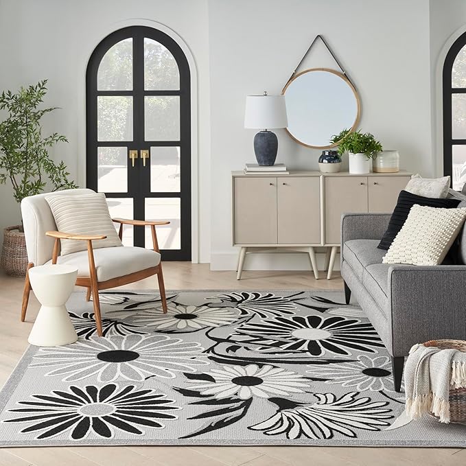 Nourison Aloha Indoor/Outdoor Black White 6' x 9' Area Rug, Easy Cleaning, Non Shedding, Bed Room, Living Room, Dining Room, Kitchen (6x9)