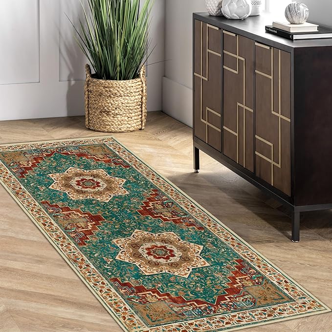 Washable Runner Rug 2x6 Boho Hallway Rug Non Slip Kitchen Runner Rug Soft Teal Rust Vintage Rug for Entryway Oriental Distressed Low-Pile Floor Carpet for Laundry Indoor Entrance Bathroom