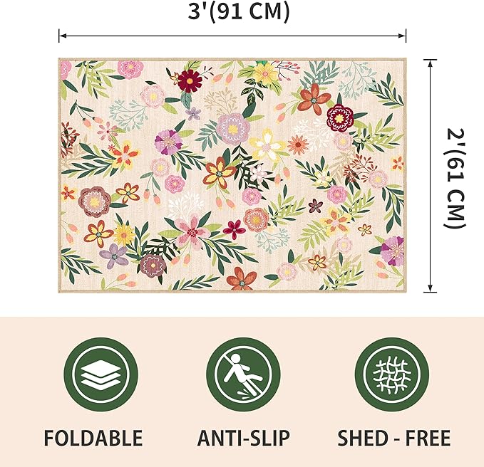2x3 Washable Indoor Door Mat - Boho Beige Floral Rugs for Entryway, Soft Small Area Rug, Non-Slip Low-Pile Thin Door Mat for Inside Entry, Rugs for Indoor Front Entrance Kitchen Bathroom