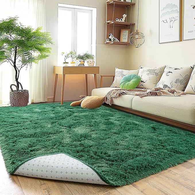 Ultra Fluffy Rug for Living Room Bedroom, 5x7 Fuzzy Large Area Rug for Living Room, Plush Soft Shag Carpet for Girl Boy Kids, Non Slip Rug Modern Indoor Home Decor Aesthetic, Dark Green