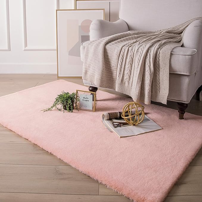 Ashler HOME DECO Ultra Soft Faux Rabbit Fur Chair Couch Cover Area Rug for Bedroom Floor Sofa Living Room Pink Rectangle 3 x 5 Feet