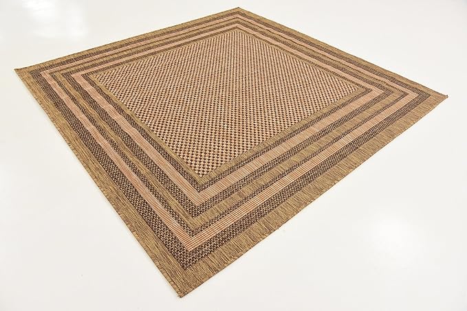 Unique Loom Outdoor Border Collection Area Rug - Multi Border (6' Square, Light Brown/ Brown)