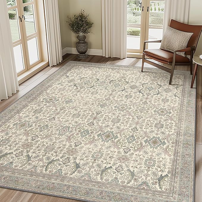 8X10 Area Rugs Machine Washable Rugs for Living Room, Vintage Boho Large Rugs for Bedroom Dining Room, Non Slip Indoor Soft Distressed Lightweight Thin Low Pile Carpet, Cream