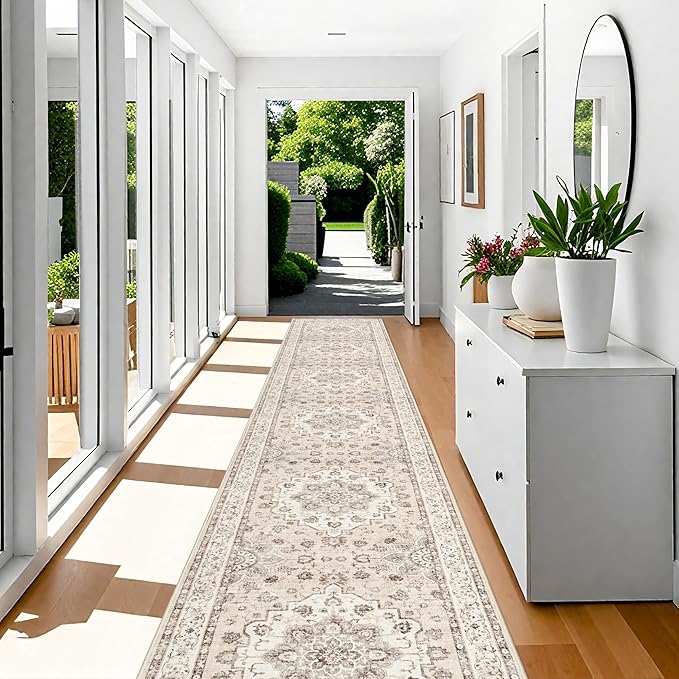 3x20 Long Hallway Runner Rug: Washable Stain Resistant Living Room Carpet Medallion Non-Slip Thin Rugs for Kinchen Dining Room Vintage Soft Low Pile Floor Mat for Bedroom Entryway (3x20,Cream/Beige)