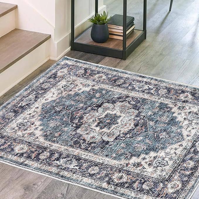 2x3 Machine Washable Area Rugs Boho Vintage Design Rug for Living Room, Bedroom, Kitchen, Soft Non-Slip Indoor Rug, Vintage Blue/Multi-Print Design