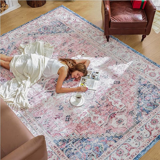 Vintage Boho Pink 8x10 Area Rug - Washable, Non-Slip, Low Pile Faux Wool for Living Room, Bedroom, Dining Room, Kitchen, Office
