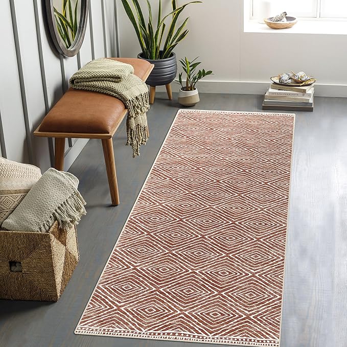 vivorug Washable Rug, Ultra Soft Runner Rug 2x10, Non Slip Floor Carpet, Runners for Hallway Living Room Indoor, Moroccan Western Style (Brown, 2'x10')